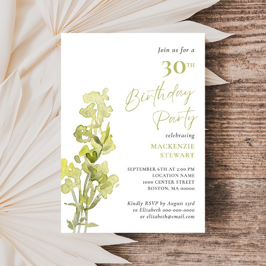 Invitation Elégante Aquarelle Botanique Verte 30e anniversair