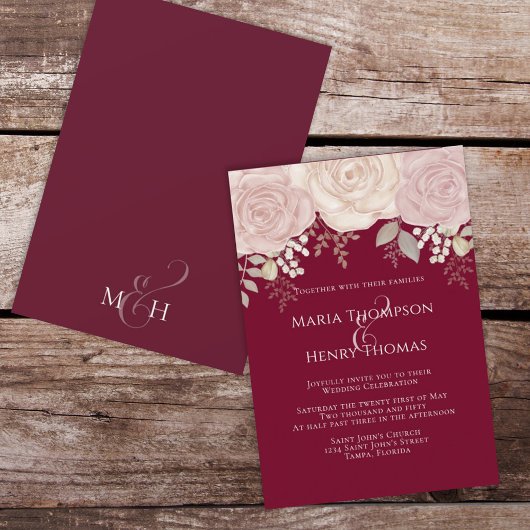 Invitation Elégante Aquarelle Bourgogne Floral Blush Rose or