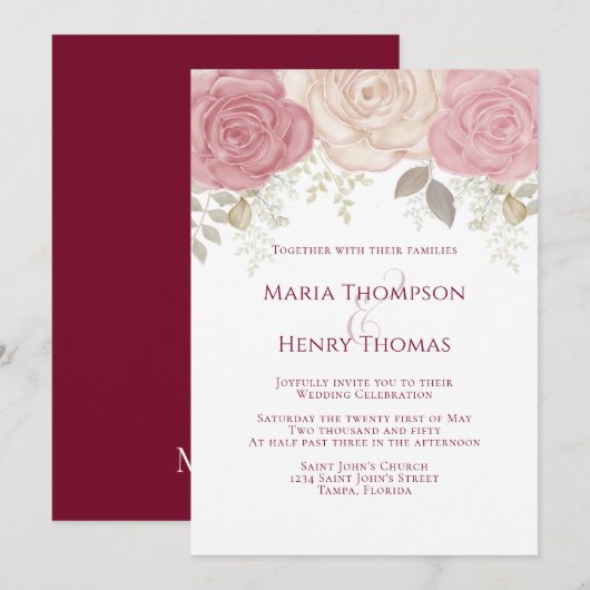 Invitation Elégante Aquarelle Bourgogne Florale Rose Or (Devant / Derrière)