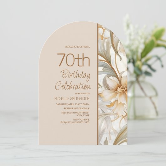 Invitation Elégante aquarelle Brown Arc floral 70e anniversai (Debout devant)