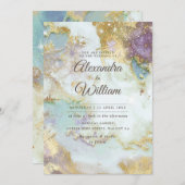 Invitation Elégante aquarelle céleste Mariage or moderne (Devant / Derrière)
