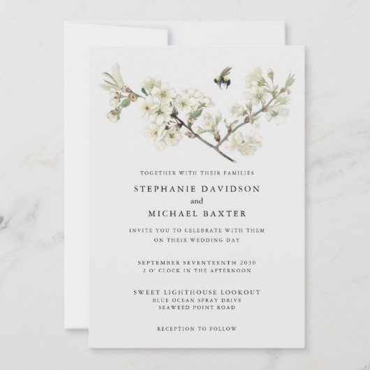 Invitation Elégante aquarelle Cerisier Fleur d'Abeille verte (Devant)