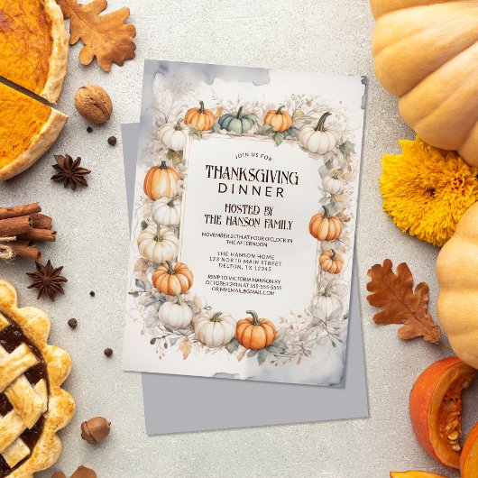 Invitation Elégante Aquarelle Citrouille Thanksgiving Dîner