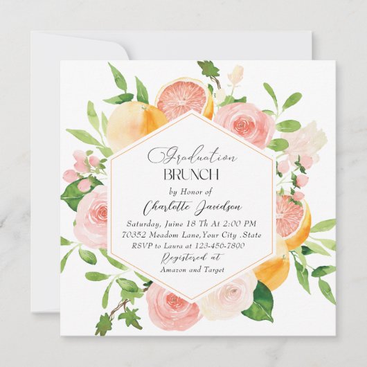 Invitation Elégante aquarelle Citrus rose Fleurs Graduation (Devant)