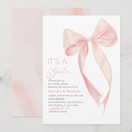 Invitation Elégante Aquarelle Coquette Rose Bow Girl Baby Sh (Devant / Derrière)