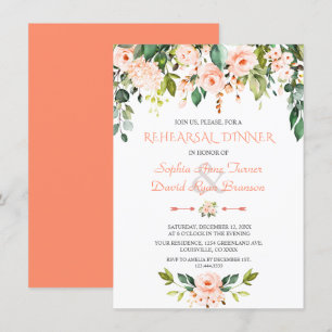 Invitation Elégante aquarelle Coral Fleurs de répétition Dîne