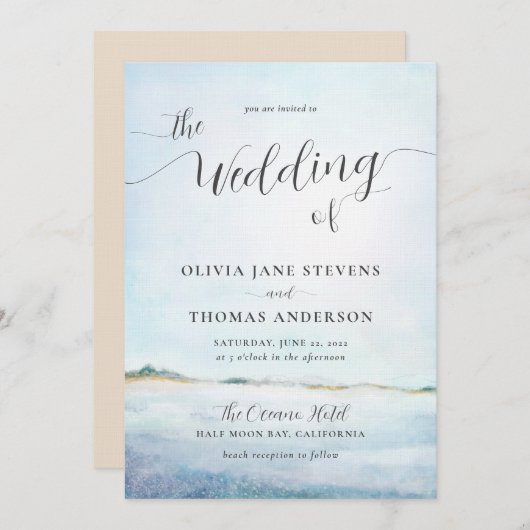 Invitation Elégante aquarelle côtière Summer Beach Mariage (Devant / Derrière)
