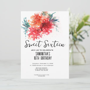 Invitation Elégante aquarelle Crimson Floral Sweet 16