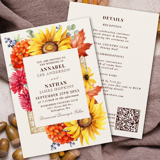 Invitation Elégante aquarelle d'automne Floral QR Code