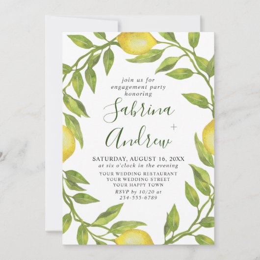 Invitation Elégante Aquarelle de citron vert PARTI ENGAGEMENT (Devant)