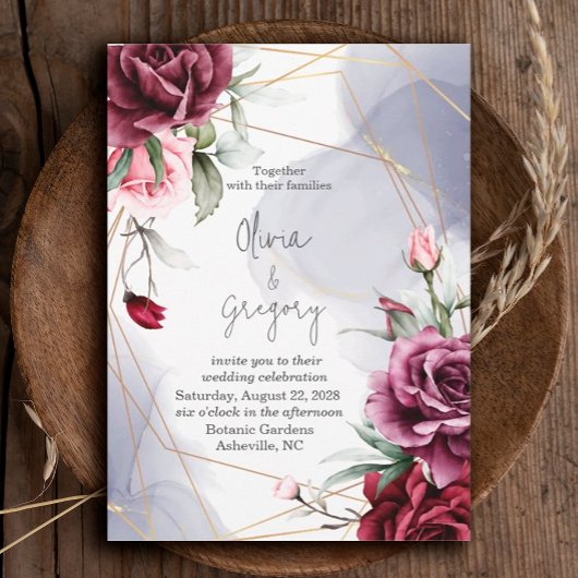 Invitation Elégante aquarelle de Roses Rouges Bourgogne