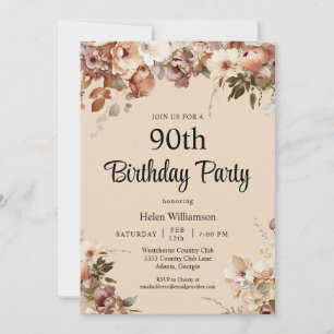 Invitation Elégante Aquarelle douce Rose Floral 90e anniversa