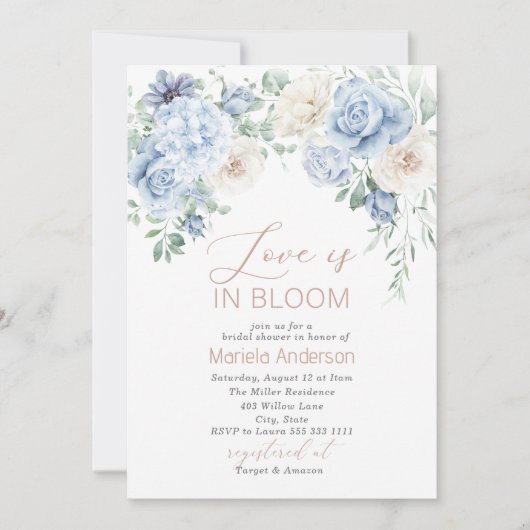 Invitation Elégante aquarelle Dusty Blue Flowers Bridal Showe (Devant)
