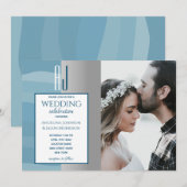 Invitation Elégante aquarelle Dusty Blue Silver Photo Mariage (Devant / Derrière)