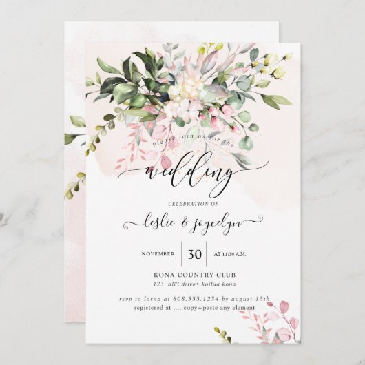 Invitation Elégante aquarelle Dusty Blush Eucalyptus Rose (Devant / Derrière)