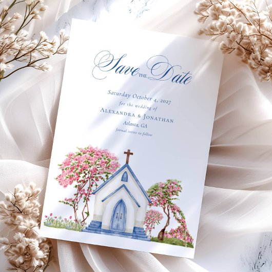 Invitation Elégante aquarelle église mariage Enregistrer la d