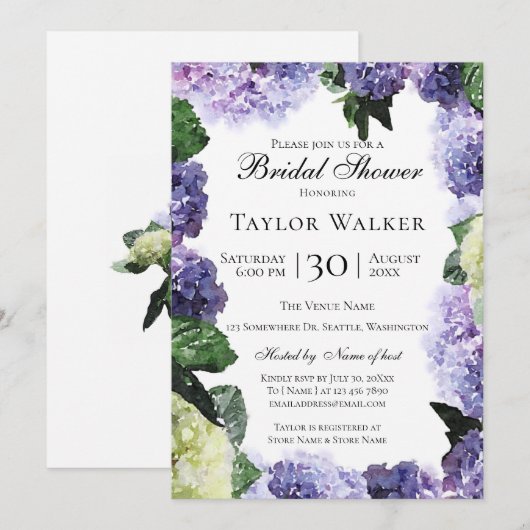 Invitation Elégante aquarelle en violet et lavande (Devant / Derrière)