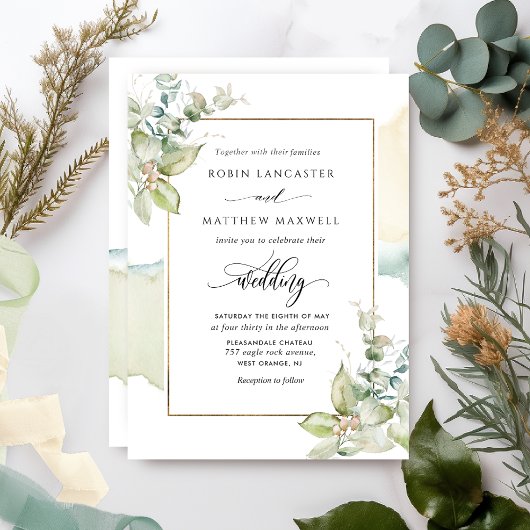 Invitation Elégante aquarelle et verdure Eucalyptus Mariage