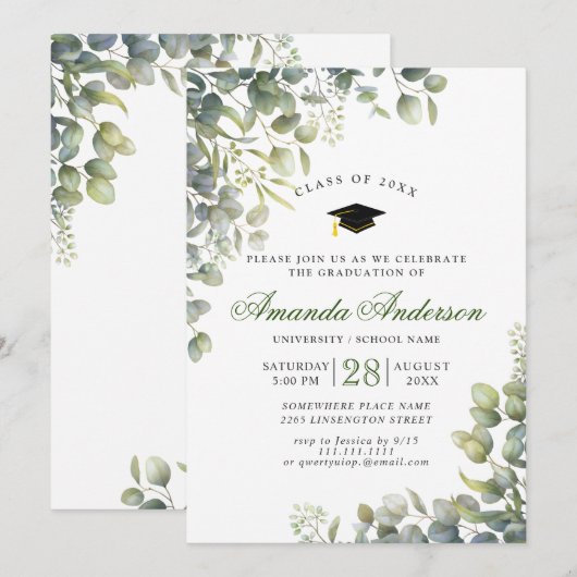 Invitation Elégante Aquarelle Eucalyptus Graduation Party (Devant / Derrière)