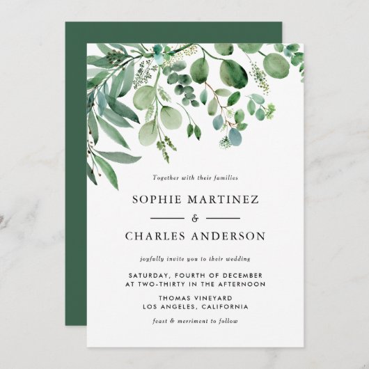 Invitation Elégante aquarelle Eucalyptus Mariage vert (Devant / Derrière)