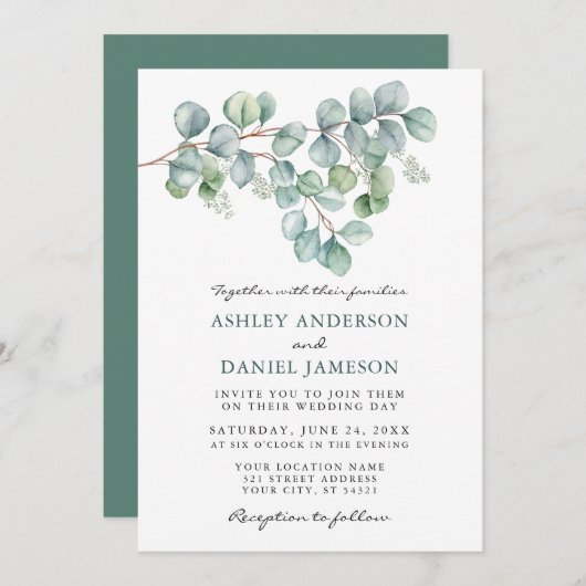 Invitation Elégante aquarelle Eucalyptus Mariage vert (Devant / Derrière)
