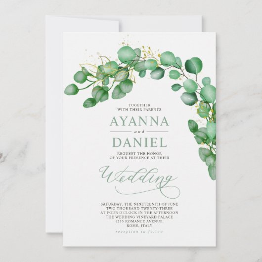 Invitation Elégante aquarelle Eucalyptus Mariage vert (Devant)