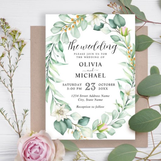 Invitation Elégante aquarelle Eucalyptus Mariage vert