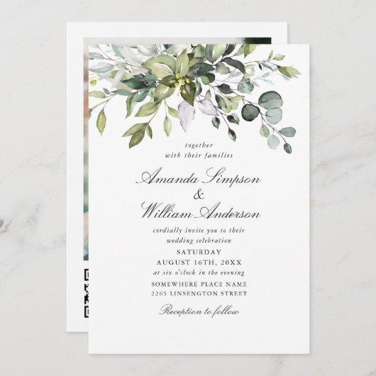 Invitation Elégante aquarelle Eucalyptus Photo QR Mariage (Devant / Derrière)