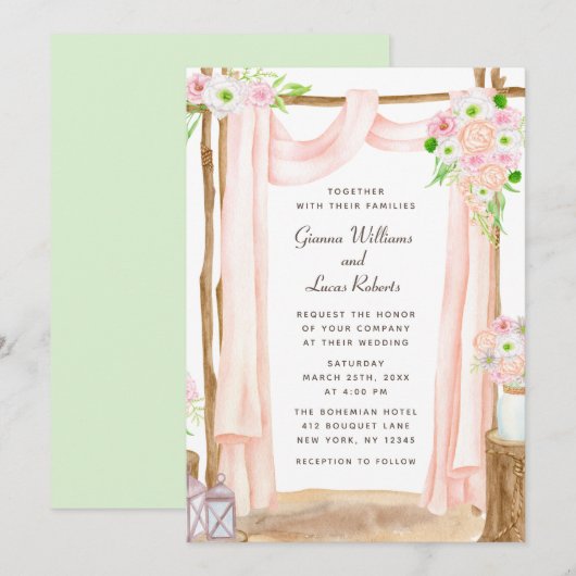 Invitation Elégante aquarelle extérieure rose Mariage floral (Devant / Derrière)