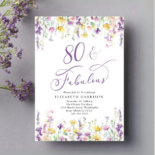 Invitation Elégante aquarelle Fleur sauvage 80e fête d'annive