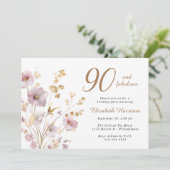 Invitation Elégante aquarelle Fleur sauvage 90e fête d'annive (Debout devant)