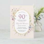 Invitation Elégante aquarelle Fleur sauvage 90e fête d'annive (Debout devant)