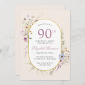 Invitation Elégante aquarelle Fleur sauvage 90e fête d'annive (Devant / Derrière)