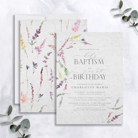 Invitation Elégante aquarelle Fleur sauvage Baptême 1er anniv