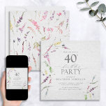 Invitation Elégante aquarelle Fleur sauvage Florale 40e anniv<br><div class="desc">Invitation moderne et élégante de 40e anniversaire carré (éditable selon l'âge) avec motifs fleur sauvage de couleur aquarelle dans les tons doux de rose roux, lilas et lavande, jaunes, bleus et feuilles botaniques verts délicats. Personnalisez vos détails en noir doux, accentué par une belle calligraphie à la main moderne. Contactez...</div>
