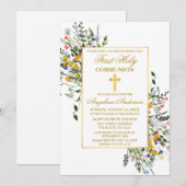 Invitation Elégante aquarelle Fleur sauvage Gold Communion (Devant / Derrière)