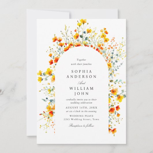 Invitation Elégante aquarelle Fleurs sauvages Mariage code QR (Devant)