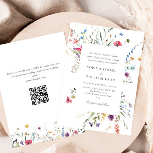 Invitation Elégante aquarelle Fleurs sauvages Mariage code QR