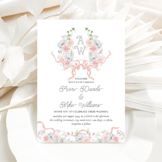 Invitation Elégante aquarelle Floral Crest Monogramme Mariage