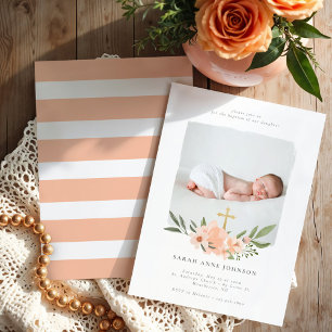 Invitation Elégante aquarelle Floral Cross Baptism Photo