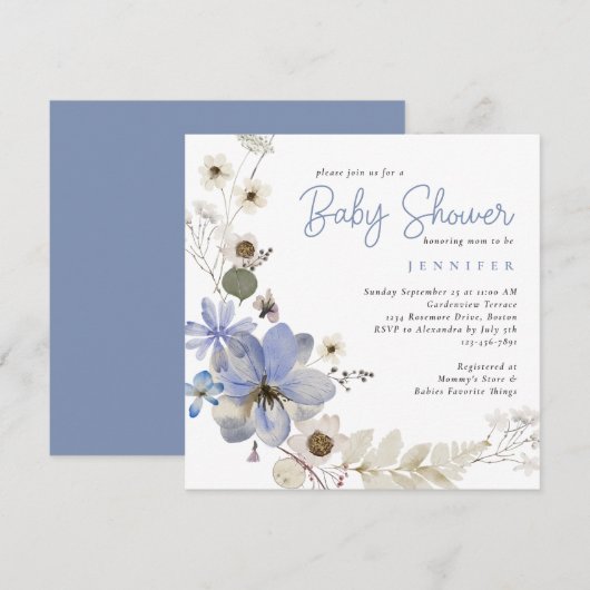Invitation Elégante aquarelle Floral Dusty Baby shower bleu (Devant / Derrière)