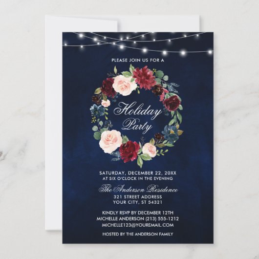 Invitation Elégante aquarelle Floral Fêtes Lumières (Devant)