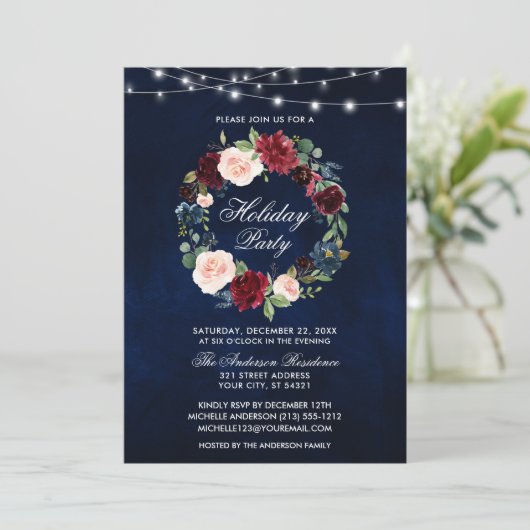 Invitation Elégante aquarelle Floral Fêtes Lumières (Debout devant)