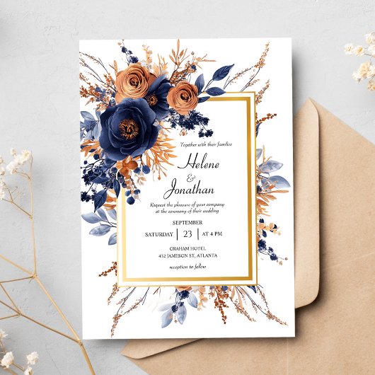 Invitation Elégante aquarelle Floral Navy Blue Rust Mariage