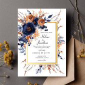 Invitation Elégante aquarelle Floral Navy Blue Rust Mariage