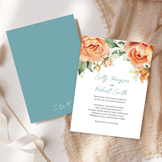 Invitation Elégante aquarelle Floral Peach Blue Mariage