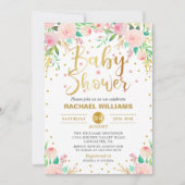 Invitation Elégante aquarelle Floral rose & Baby shower or (Devant)