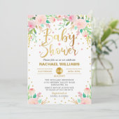 Invitation Elégante aquarelle Floral rose & Baby shower or (Debout devant)