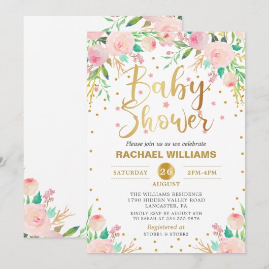 Invitation Elégante aquarelle Floral rose & Baby shower or (Devant / Derrière)
