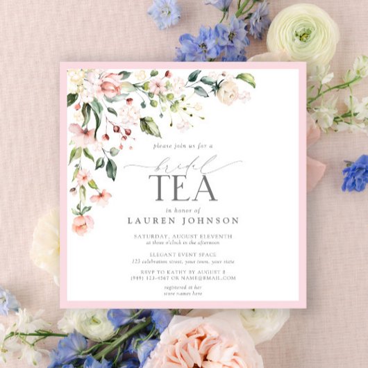 Invitation Elégante aquarelle Floral Thé nuptiale Douche rose